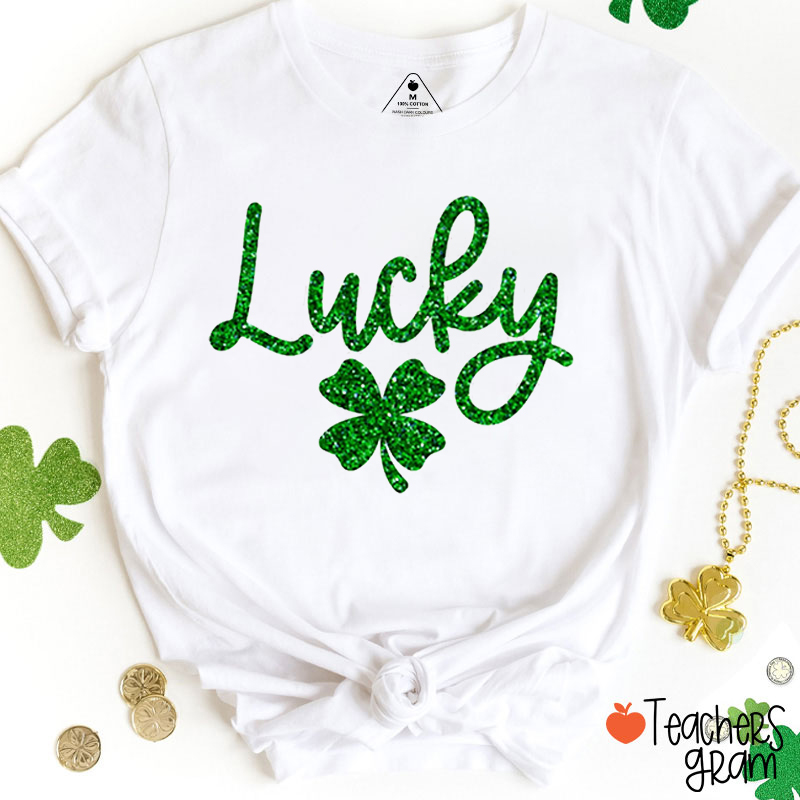 Glitter Lucky Four Leaf Clover Teacher T-Shirt