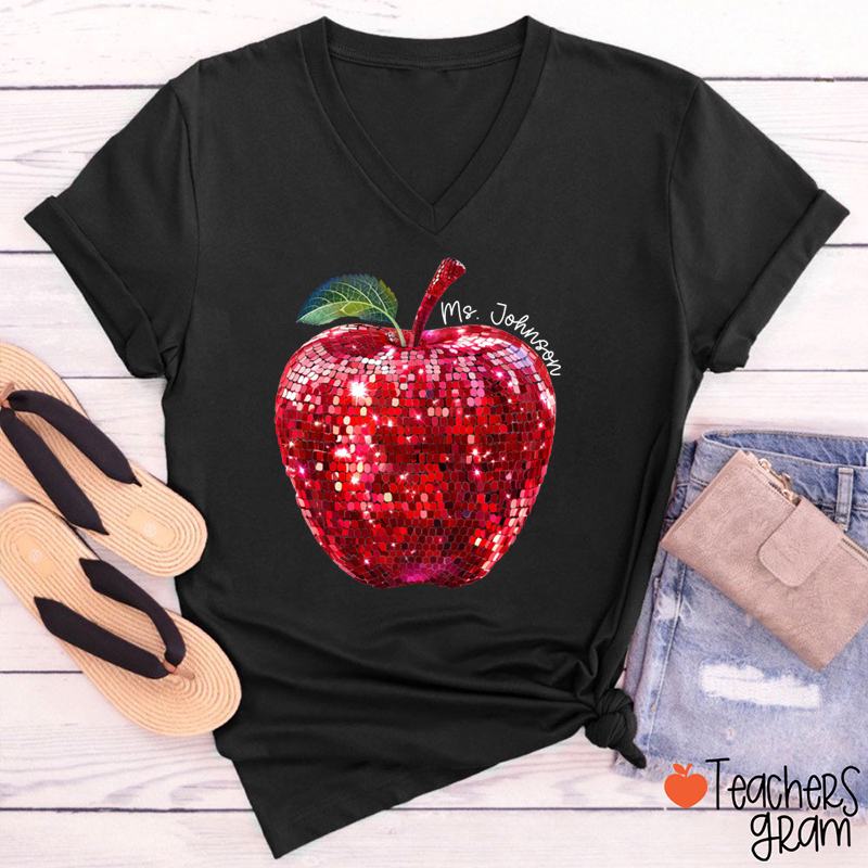Personalized Red Glitter Apple And Name Teacher Female V-Neck T-Shirt