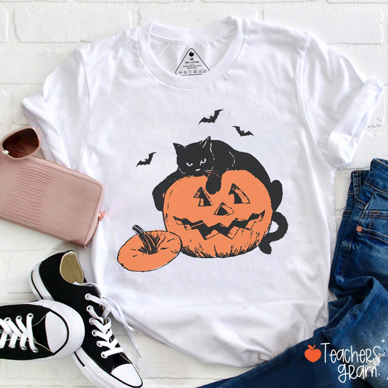 Black Cat Pumpkin Halloween Teacher T-Shirt