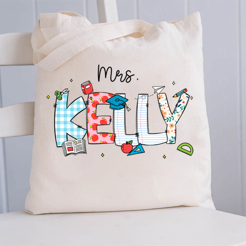 Personalized Name Cartoon Stationery Teacher Tote Bag