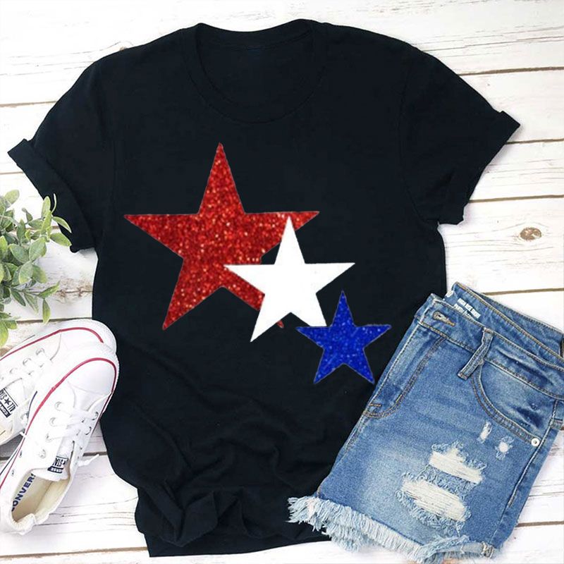 Red White And Blue Star Glitter Teacher T-Shirt