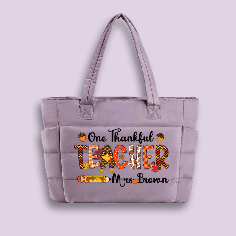 Personalized Name One Thankful Teacher Puffy Tote Bag
