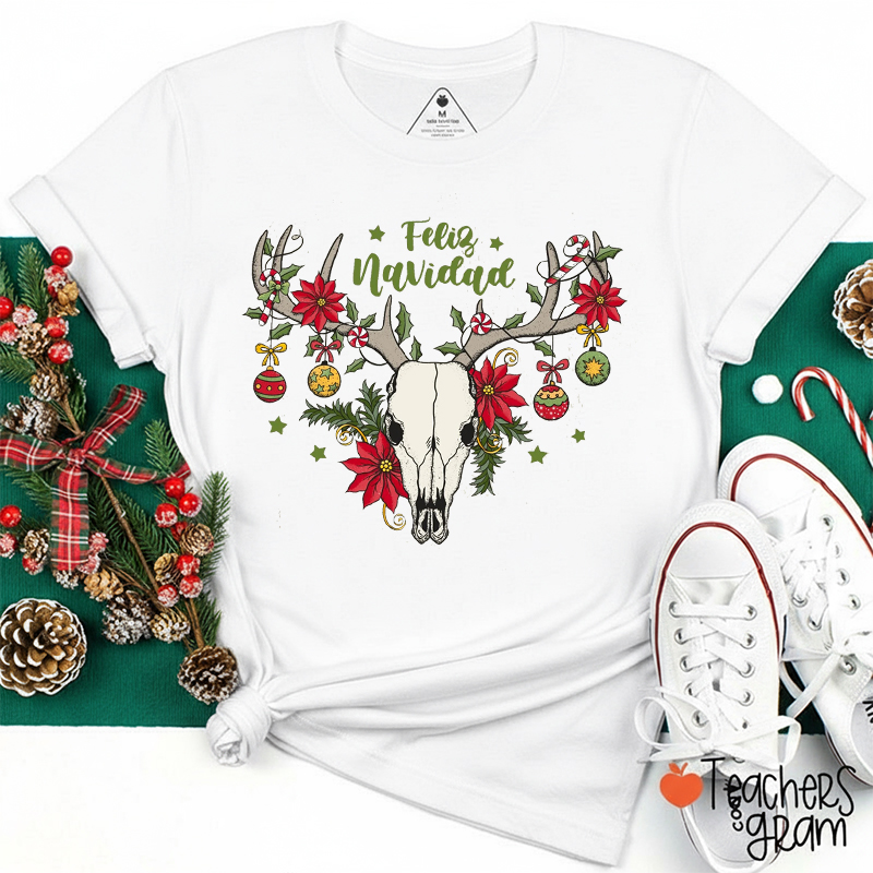 Feliz Navidad Deer Skull Poinsettia Teacher T-Shirt