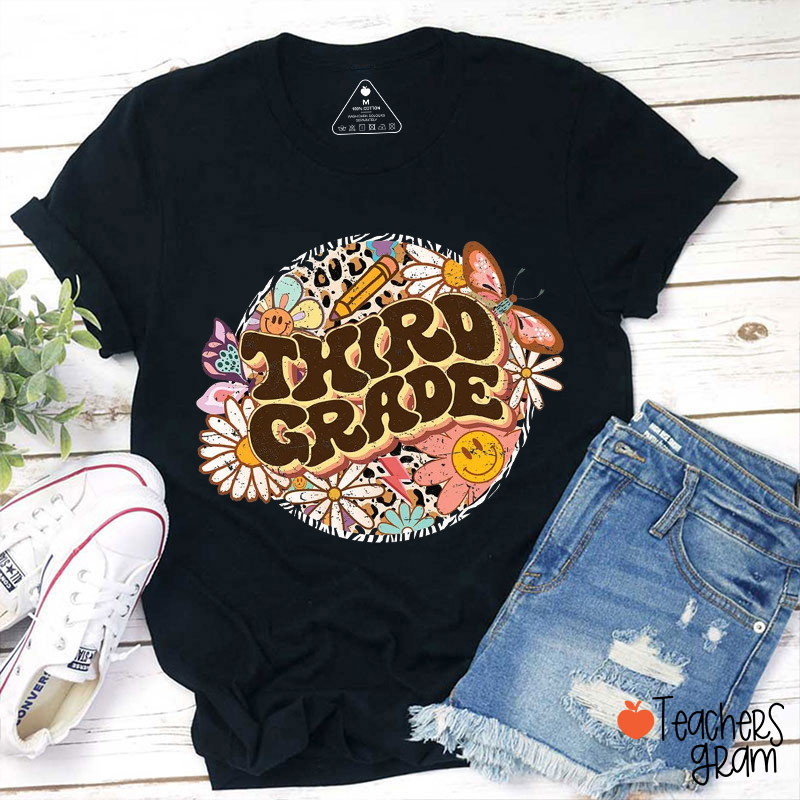 Personalized Flowers Leopard Planet Pencil Teacher T-Shirt