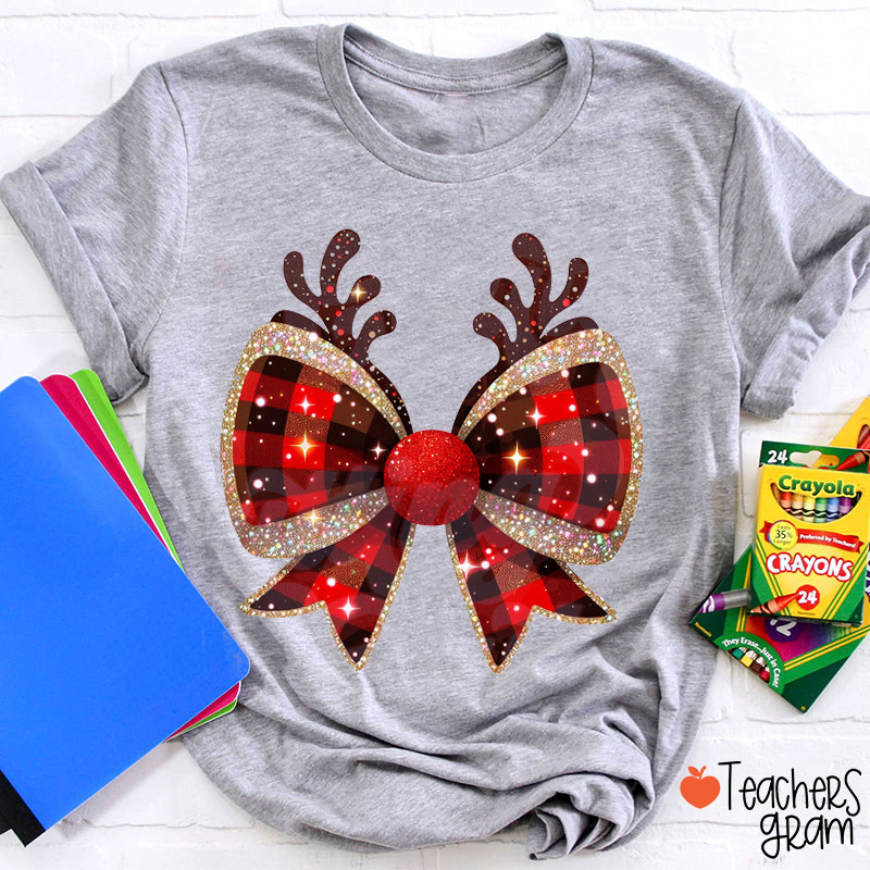 Glitter Reindeer Bow Teacher T-Shirt