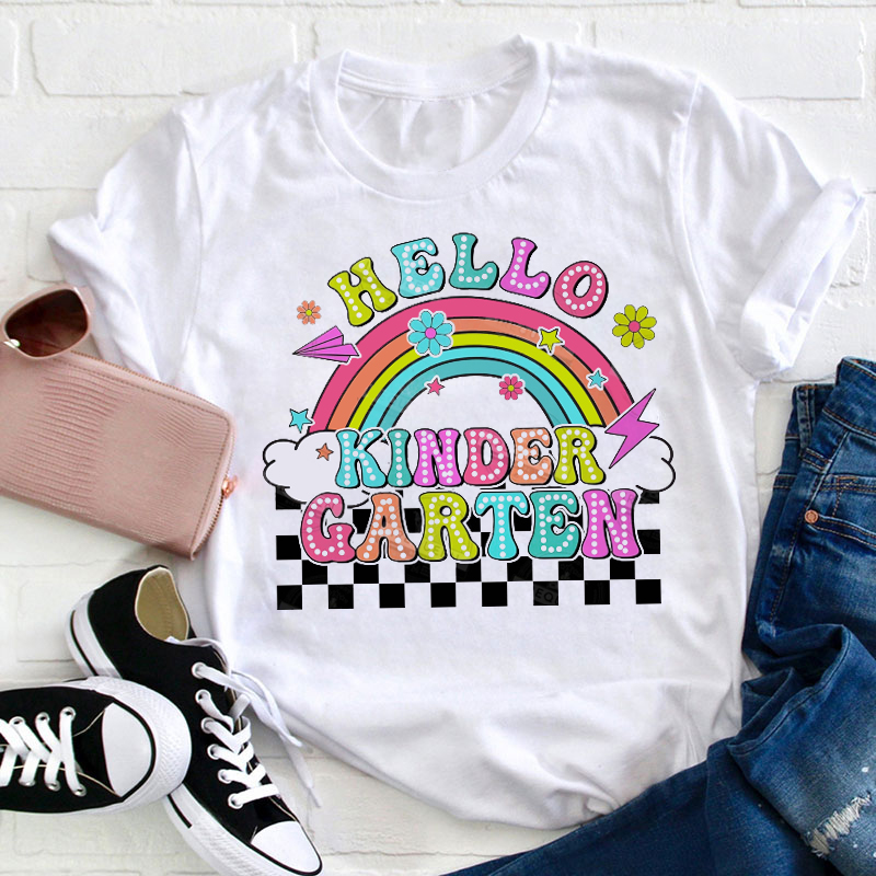Personalized Neon Light And Rainbow Hello Teacher T-Shirt