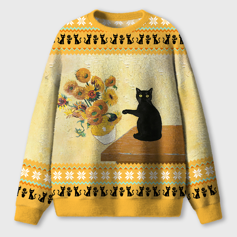 Black Cat And Sunflower Opps Teacher Ugly Fluffy Christmas Sweater
