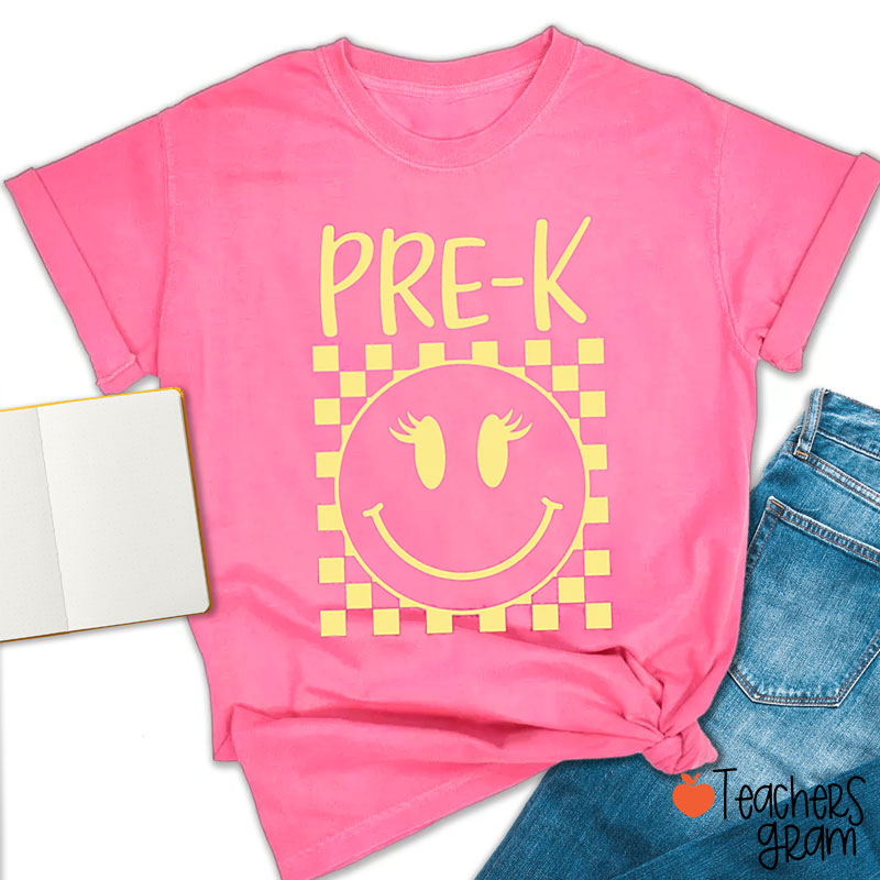 Personalized Grade Checkered Smiley Face Teacher T-Shirt