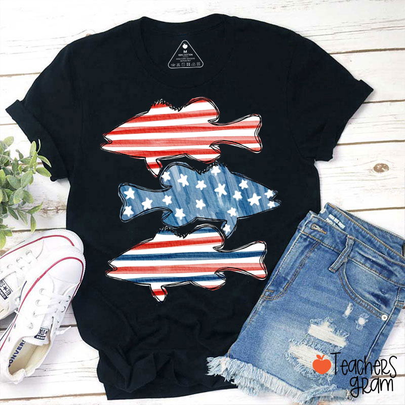 Boys Fishing American Flag Teacher T-Shirt