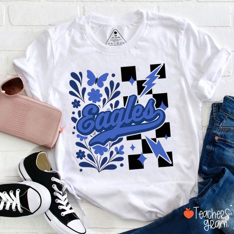 Personalized Mascot Checkered Flower School Spirit Teacher T-Shirt