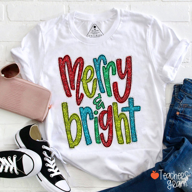 Glitter Merry And Bright Teacher T-Shirt