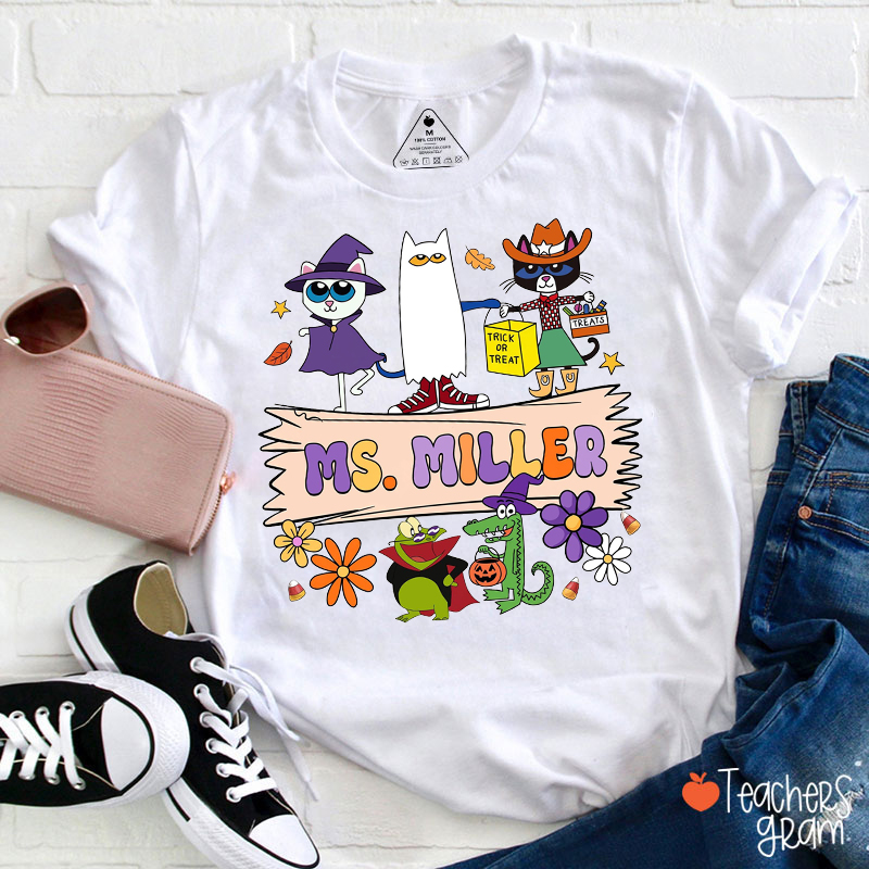 Personalized Name Cartoon Character Halloween Teacher T-Shirt