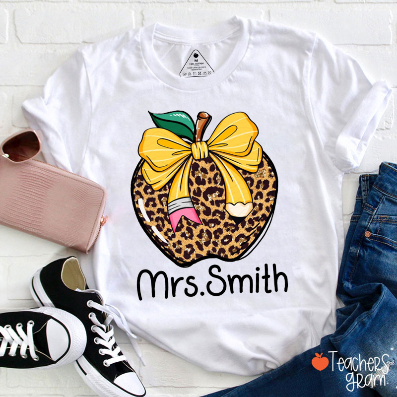 Personalized Name Leopard Apple Teacher T-Shirt