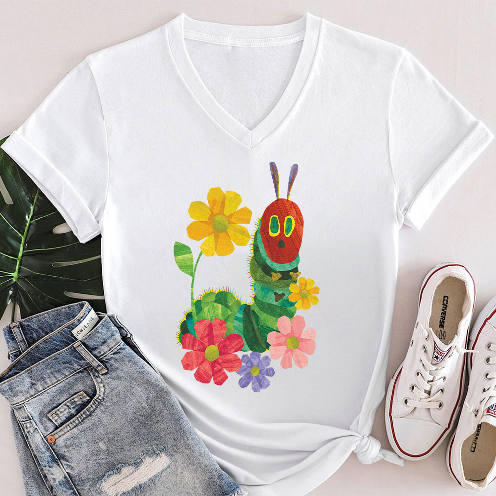 Flowers And The Very Hungry Caterpillar Teacher Female V-Neck T-Shirt