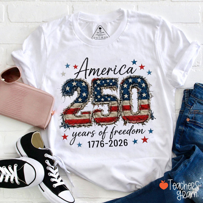 Faux Patchwork America 250 Years Of Freedom Teacher T-Shirt