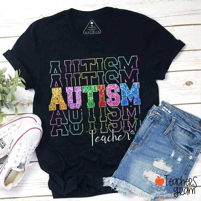 Glitter Autism Awareness Teacher T-Shirt