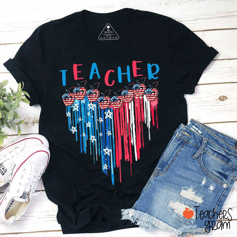 Personalized Text Apple American Flag Teacher T-Shirt