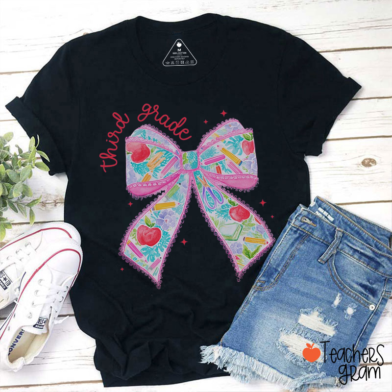 Personalized Pink Lace Bow Stationery Teacher T-Shirt