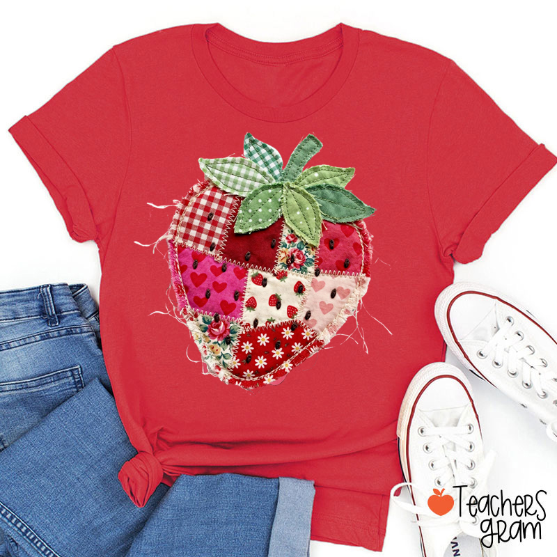 Faux Patchwork Strawberry Teacher T-Shirt