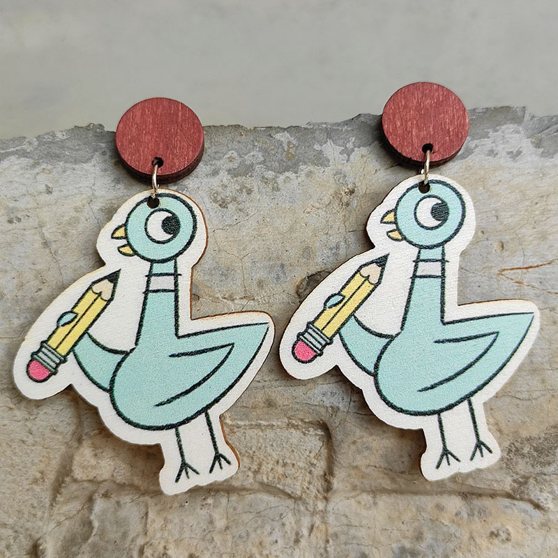 Pigeon Teaching Reading Teacher Wooden Earrings