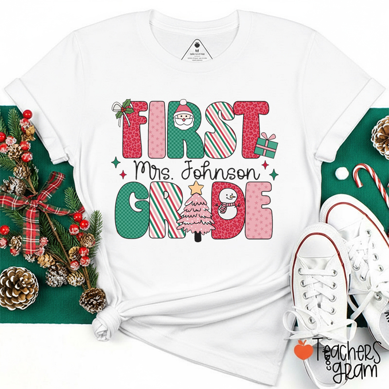 Personalized Grade And Name Christmas Holiday Teacher T-Shirt