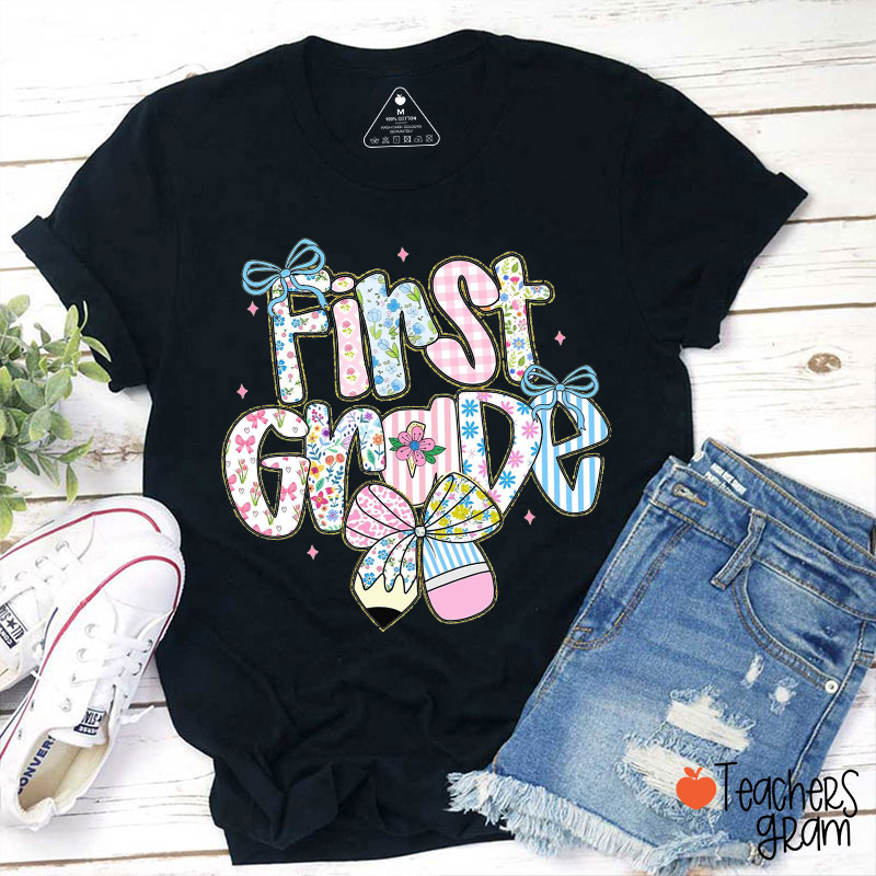 Personalized Grade Name Pencil Bow Floral Check Star Teacher T-Shirt