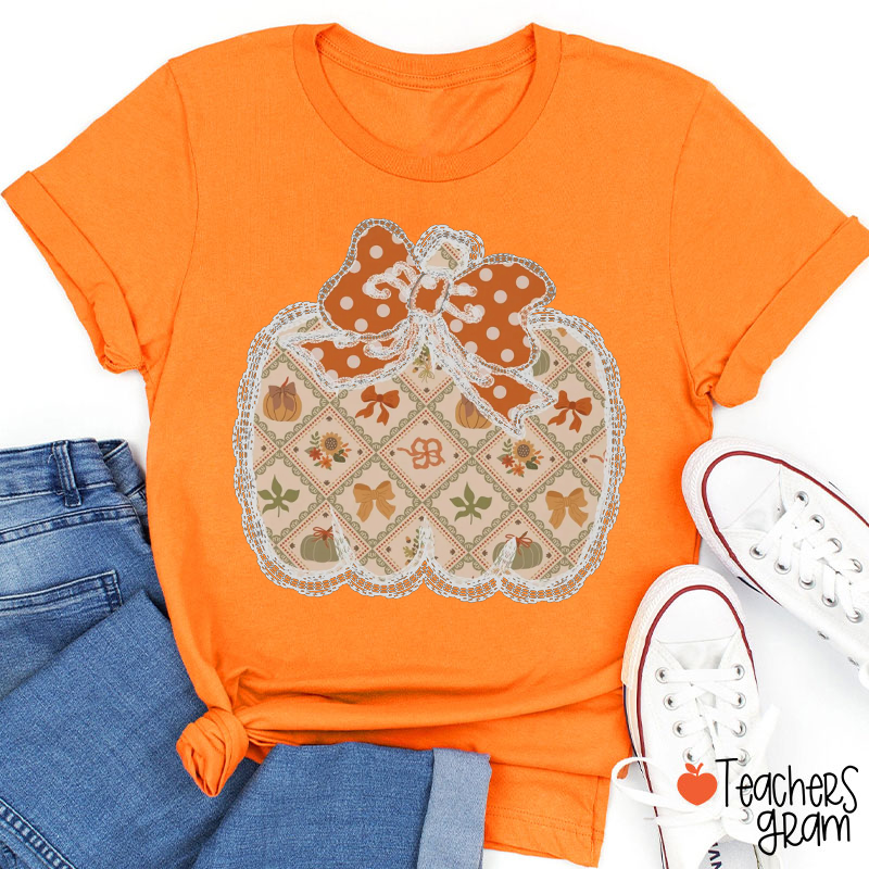 Pumpkin Lace Bow Orange Teacher T-Shirt