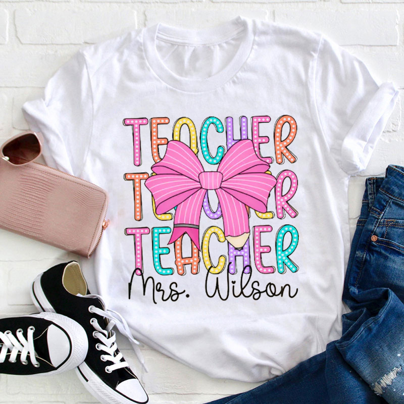Personalized Neno Pink Bow Name Teacher T-Shirt