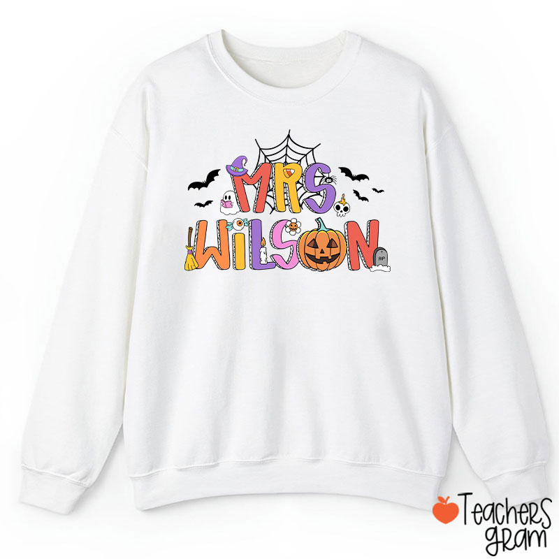 Personalized Name Spider Web Ghost Pumpkin Teacher Sweatshirt