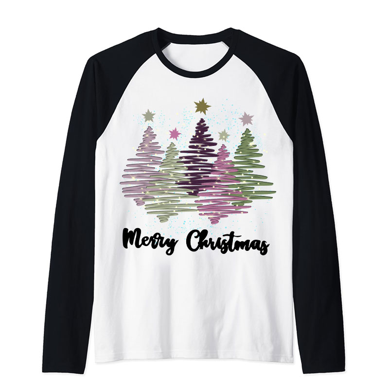 Merry Christmas Colorful Trees Teacher Raglan Long Sleeve T-Shirt