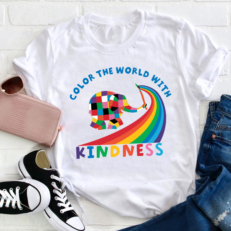 Elephant Elmer Color The World With Kindness Teacher T-Shirt