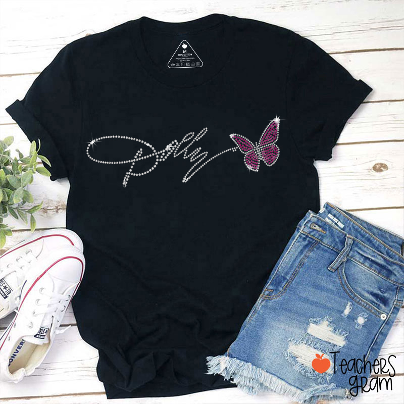 Dolly Signature Pink Butterfly Western Country Music Teacher T-Shirt
