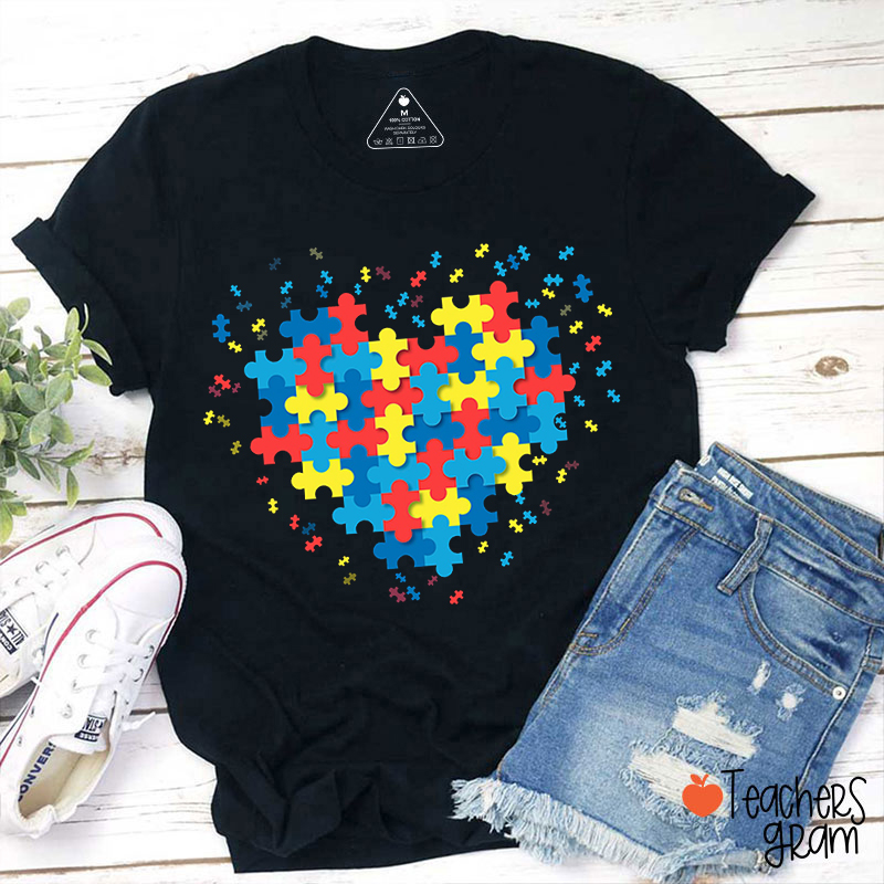 Heart Puzzle Autism Awareness Teacher T-Shirt