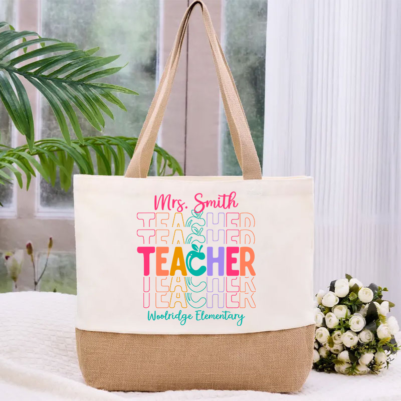 Personalized Colorful Apple Teacher Canvas Tote Bag