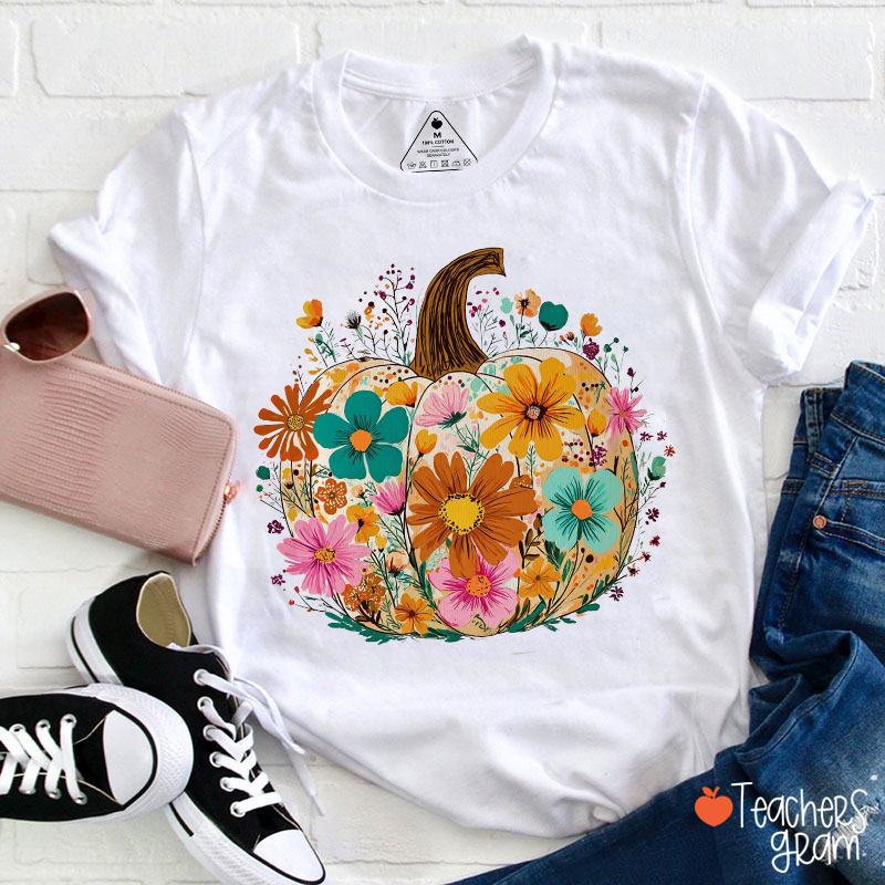 Pumpkin Flowers Butterfly Teacher T-Shirt