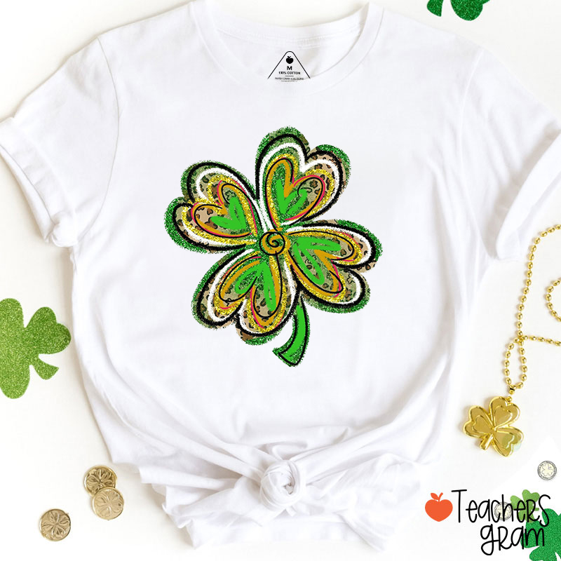 Glitter Lucky Colored Clover Teacher T-Shirt