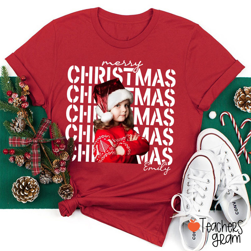 Personalized Stacked Merry Christmas Photo Teacher T-Shirt