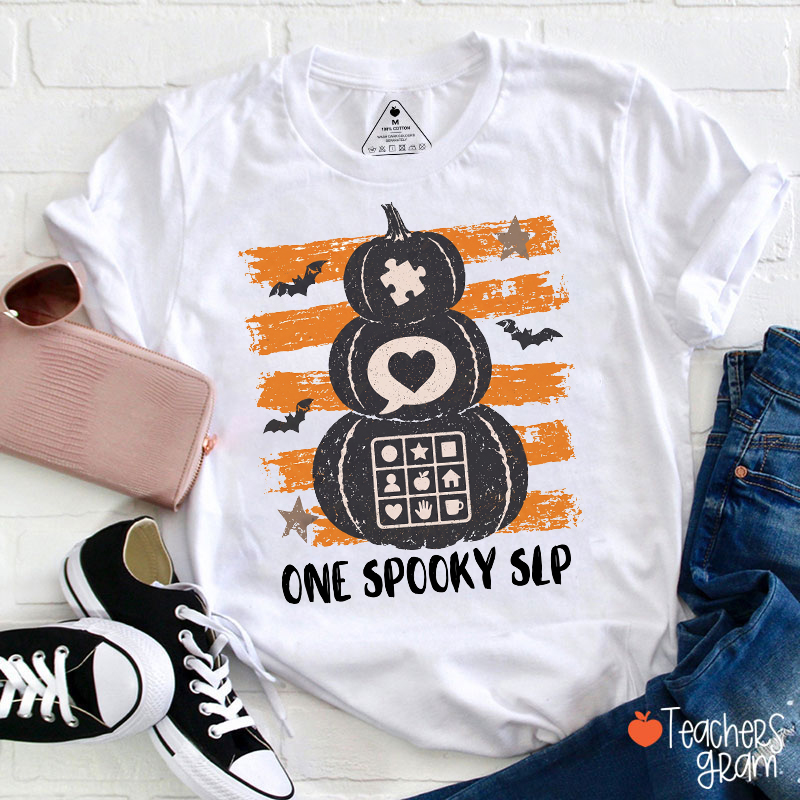 One Spooky SLP Stacked Pumpkin Halloween Teacher T-Shirt