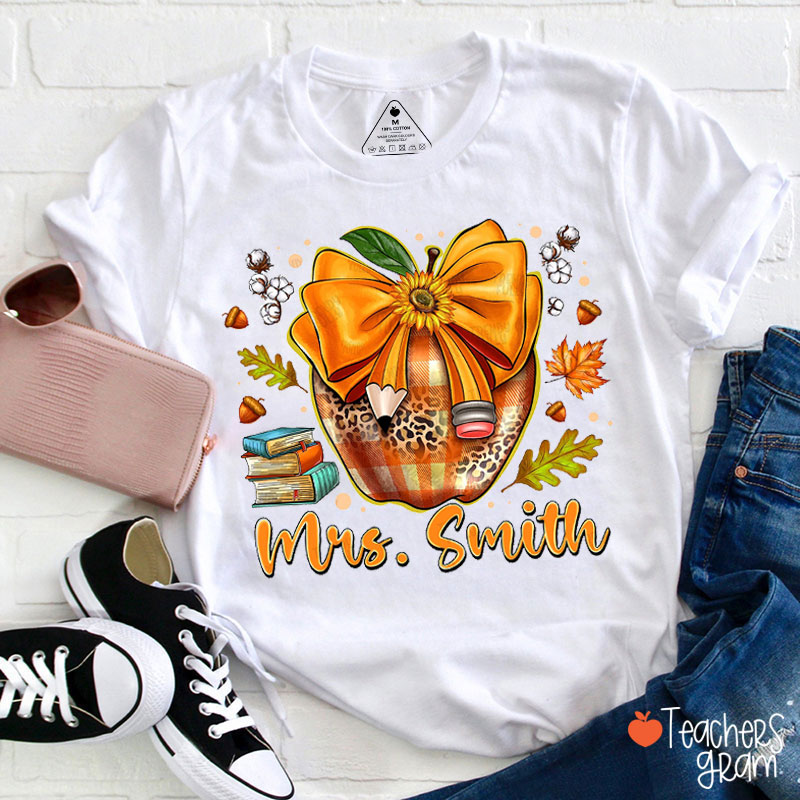 Personalized Autumn Coquette Pencil Apple Teacher T-Shirt