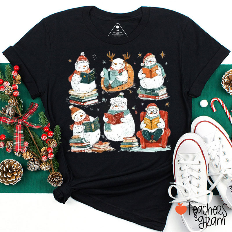 Snowman Reading Books Snow Day Supporters Teacher T-Shirt