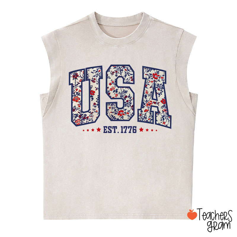 Retro Floral USA Teacher Washed Tank Top