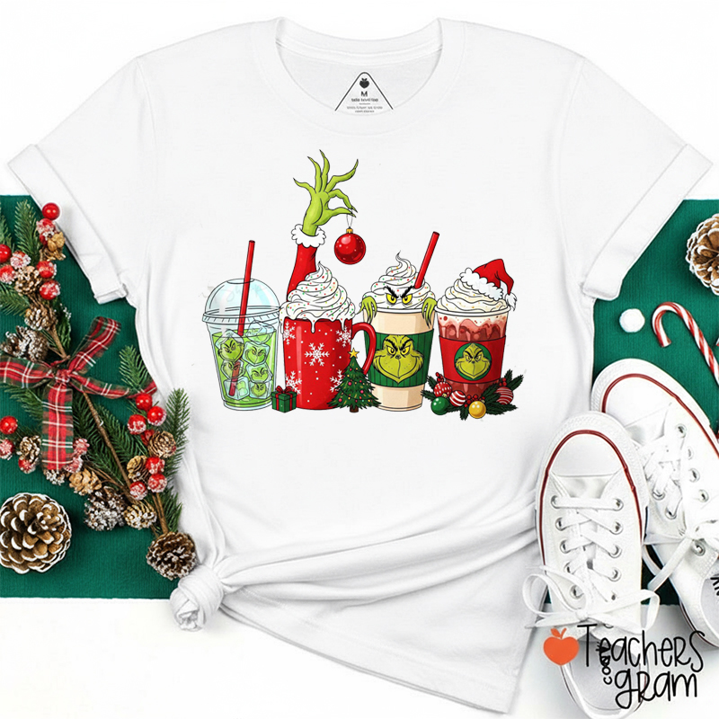 Christmas Drinks Green Guy Teacher T-Shirt