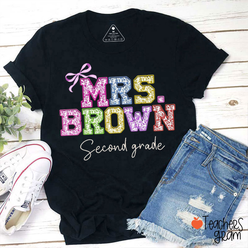 Personalized Colorful Floral Print Name And Grade Teacher T-Shirt