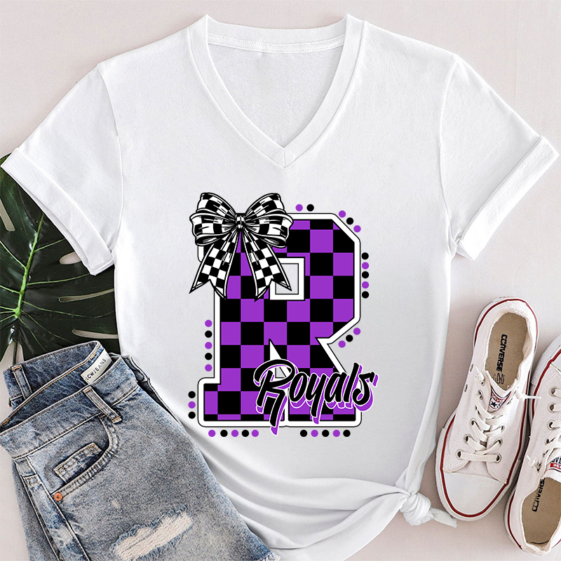 Personalized Mascot Checkered Print Teacher Female V-Neck T-Shirt