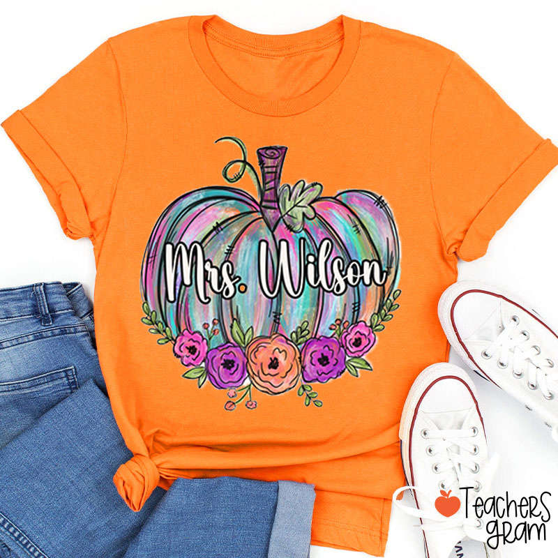 Personalized Name Colorful Pumpkins Teacher T-Shirt