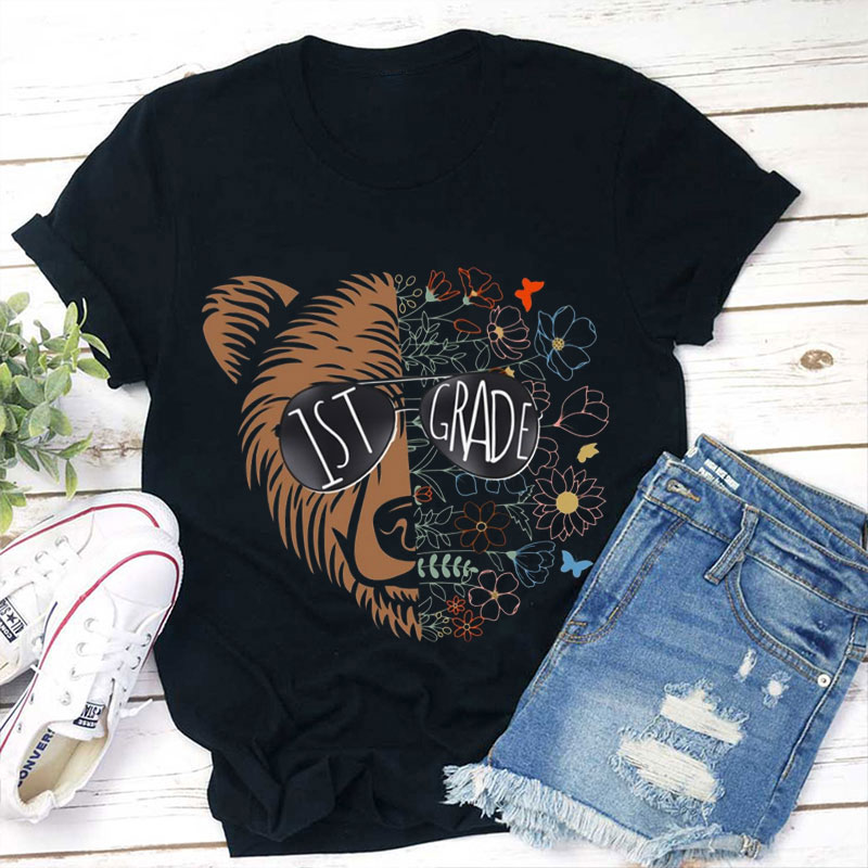 Personalised Vintage Flowers Bear Grade Teacher T-Shirt