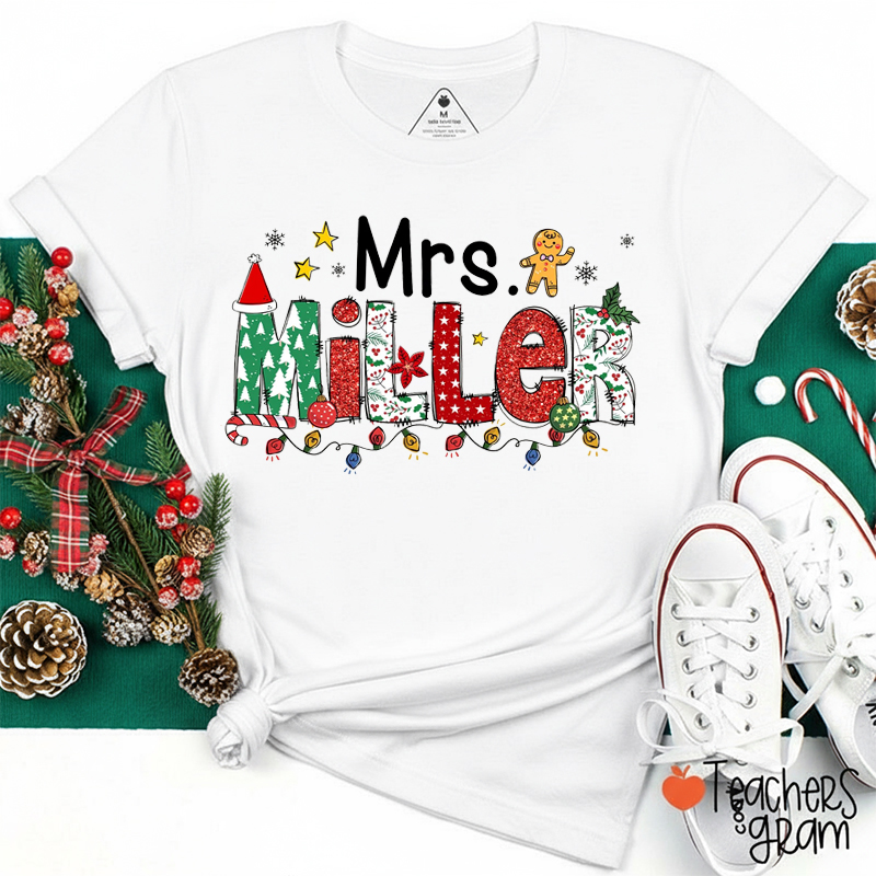 Personalized Name Merry Christmas Cute Font Teacher T-Shirt