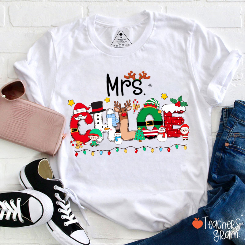 Personalized Name Christmas Lights Teacher T-Shirt