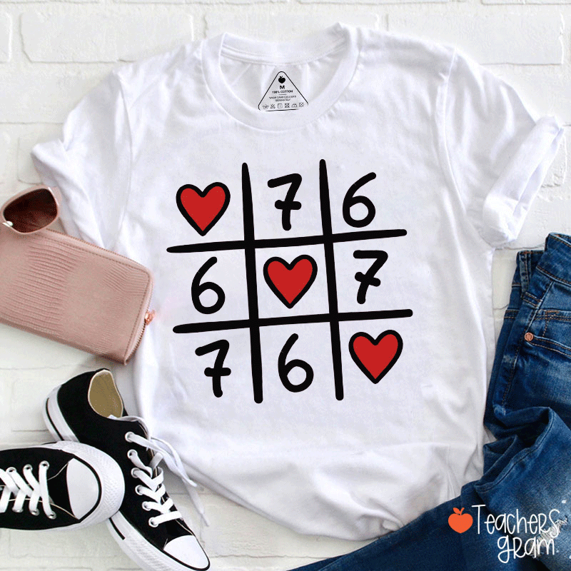 Red Heart Patterned Tic-tac-toe teacher T-shirt