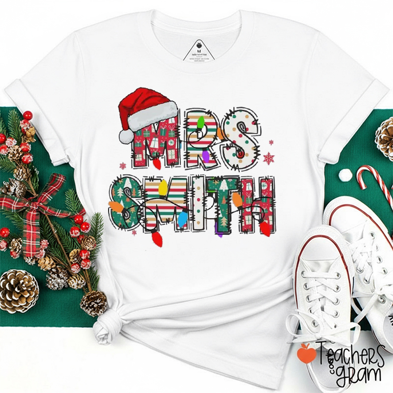 Personalized Name Santa Hat Merry Chrismtas Teacher T-Shirt